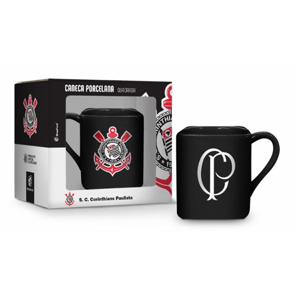 Caneca Porcelana Quadrada BrasFoot Corinthians 220 ML Licenciada Preto