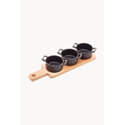 Conjunto de Bandeja de Bambu com 3 Petisqueiras Redondas Preta 28,5x10x5cm Wolff
