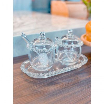 Combo Kit Açucareiro Meleira E Travessa Coração Lyor 3 Peças Transparente