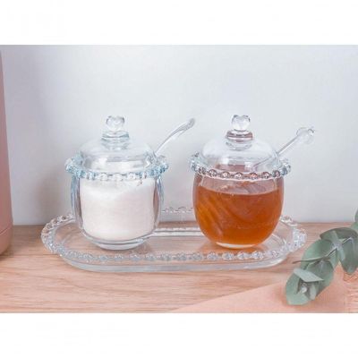 Combo Kit Açucareiro Meleira E Travessa Coração Lyor 3 Peças Transparente