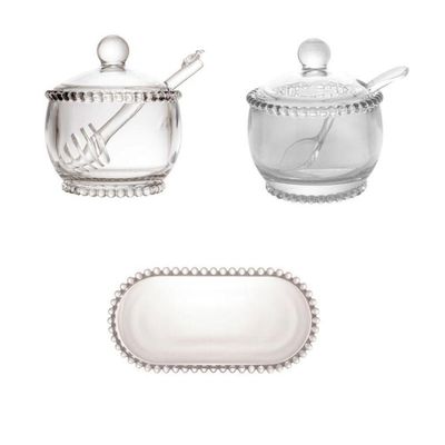 Combo Açucareiro + Meleira + Travessa Pearl Bolinha Wolff Transparente
