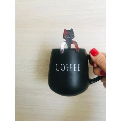 Conjunto Caneca Bojuda E Colher Gatinho Coffee