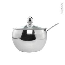 Açucareiro Em Aço Inox Com Tampa De Vidro E Colher Cozinha