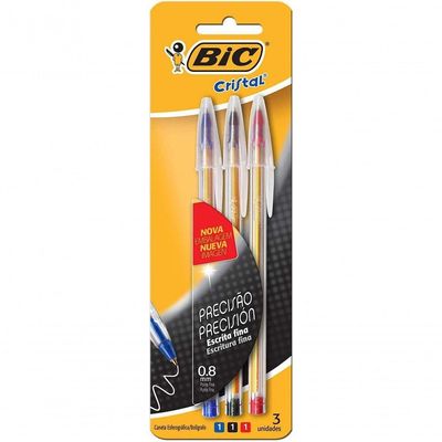 Caneta Esferográfica Ponta Fina De 0.8mm Pacote Com 3 Unidades Bic