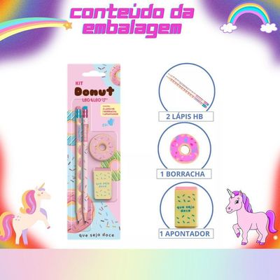 Kit Escolar Com 4 Peças Lápis Grafite Apontador Borracha Donuts Volta As Aulas