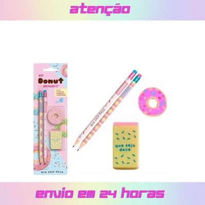 Kit Escolar Com 4 Peças Lápis Grafite Apontador Borracha Donuts Volta As Aulas