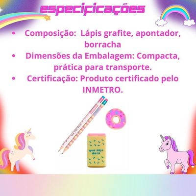Kit Escolar Com 4 Peças Lápis Grafite Apontador Borracha Donuts Volta As Aulas