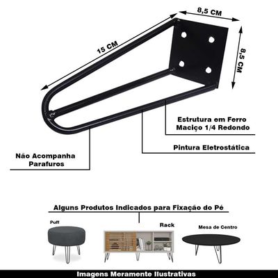 Kit 10 Pés de Metal 15 CM Hairpin Legs Mesas de Centro Puffs Preto G41