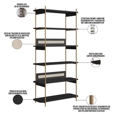 Estante Livreiro Home Office e Mesa Escrivaninha Industrial Indy A03 Nero Dourado - Lyam Decor