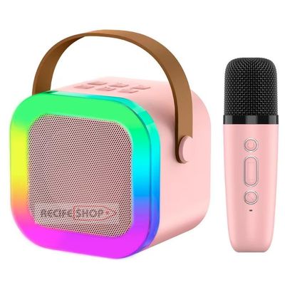 Caia na Festa com a Caixa de Som Bluetooth Rosa + Microfone para Karaokê com LED