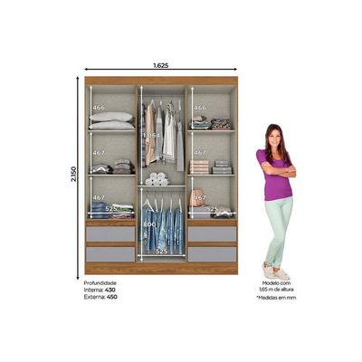 Guarda Roupa Solteiro 3 Portas E 4 Gavetas Briz Lema B55 Nature-off White