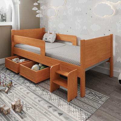 Kit Quarto Infantil Cama Luna Com Organizador Escada E Cômoda Isa - Nature - Bege