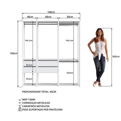 Kit Guarda Roupa Closet 03 Peças 183x160cm Branco Proddy