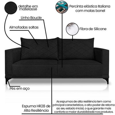 Sofa Nori 3 Lugares Pes De Ferro 220cm Linho Boucle 3304 Ezz 3304