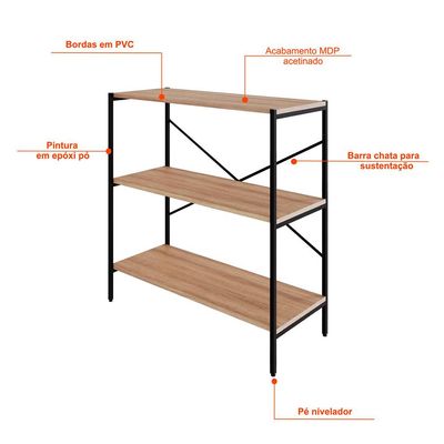 Estante com 3 Prateleiras Tub Mel e Preta 80 cm