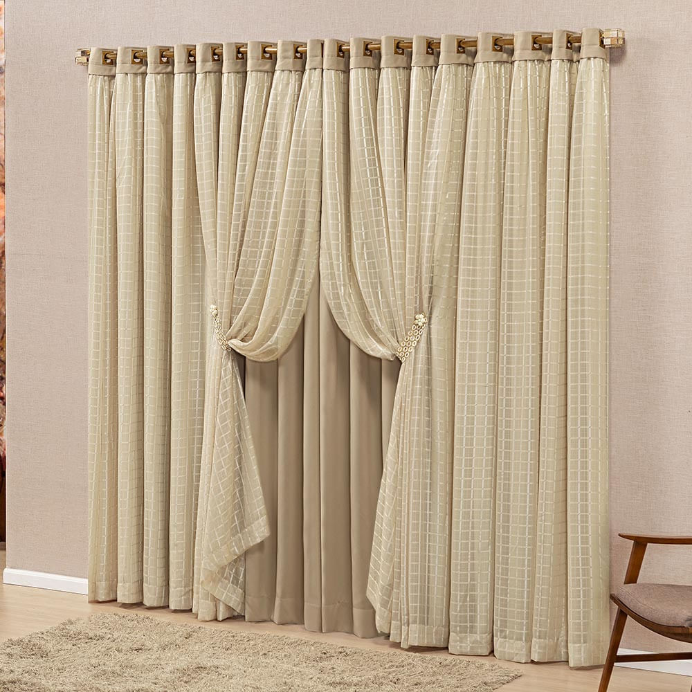 Cortina Monte Real 3,00m x 2,50m Tecido Blackout Voal Trabalhado Xadrez Sala Quarto - Chocolate