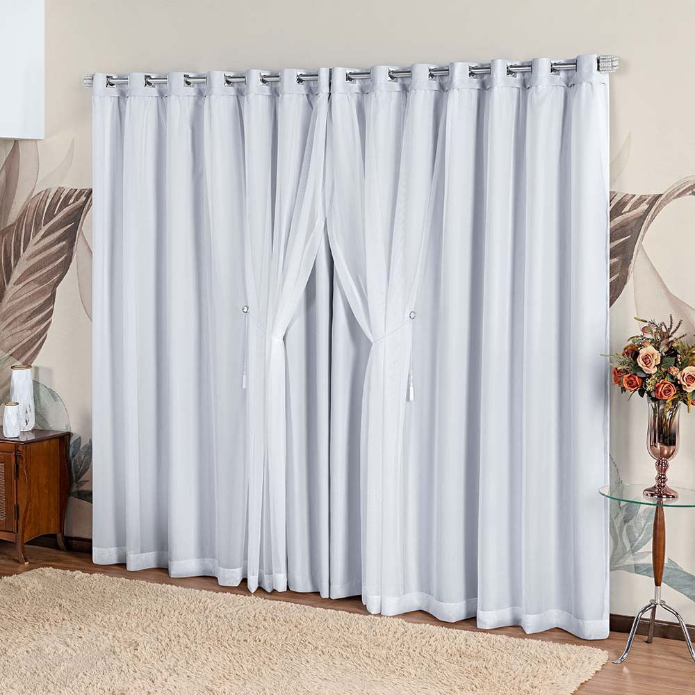 Cortina Idealle Tecido Blackout Voal Premium 4,00x2,70m Corta Luz Luxo Varão 4M - Gelo