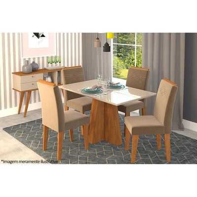 Mesa p/ Cozinha Patricia c/ Tampo Madeirado c/ Vidro 130X80cm Cinamomo/Off White - Cimol