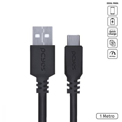 Cabo Para Celular Smartphone Usb A 2.0 Para Usb Tipo C 1 Metro Preto - Puacp-01