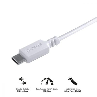 Cabo Para Celular Usb A 2.0 Para Usb Tipo C 1 Metro Branco - Puacb-01