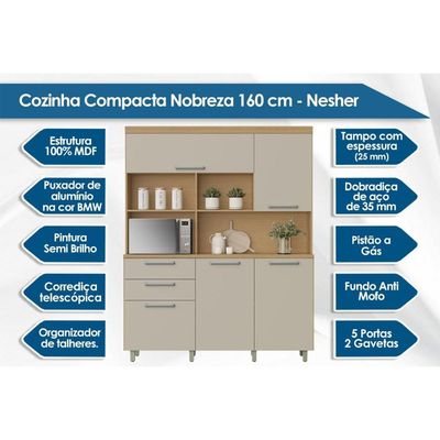 Cozinha Compacta Nobreza c/ 5 Portas e 2 Gavetas 160cm Carvalho/Cinza - Nesher