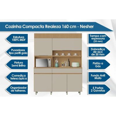 Cozinha Compacta Realeza c/ 5 Portas e 2 Gavetas 160cm Carvalho/Cinza - Nesher