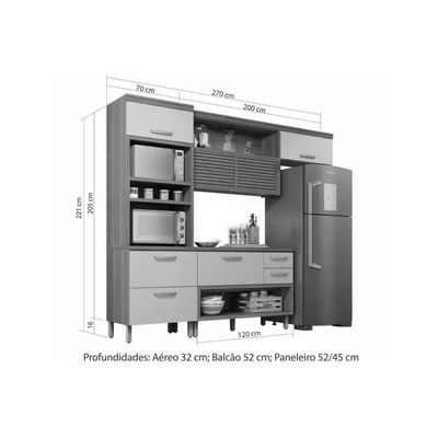 Cozinha Modulada Completa Princesa 3 Peças (1Aéreo+1Balcão+1Paneleiro) C6P63 Freijo/Grafite - Nesher