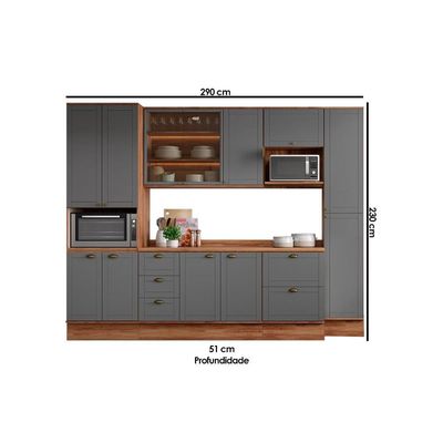 Kit Cozinha Completa 6 Peças Bella (2Aéreos+2Balcões+2Paneleiros) C6P55 Nogal/Cinza - Carraro
