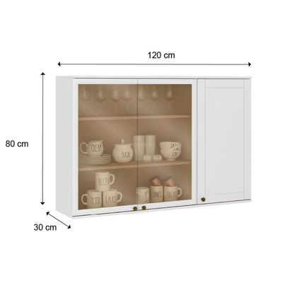 Armário Aéreo Cozinha Modulado Bella 2600 c/ 3 Portas (2 c/ Vidro) 120cm Nogal/Cinza - Carraro