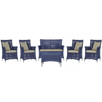Jogo Sofá 4 Poltronas E Mesa Igapó Fendi E7 Trama Original Azul