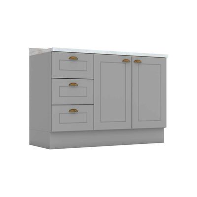 Balcão de Cozinha Modulado p/ Pia c/ Tampo Americana c/ 2 Portas e 3 Gavetas 120cm Cinza - Henn