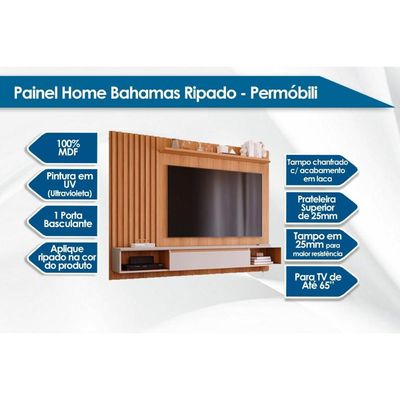 Painel Quarto p/ TV até 65 Pol Bahamas Ripado c/ 1 Porta 215X157cm Off White/Nature - Permóbili