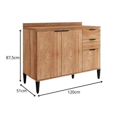 Gabinete de Cozinha Modulado Balcão Alpha 2506 3 Portas e 2 Gavetas c/ Tampo 120cm Freijo - Carraro