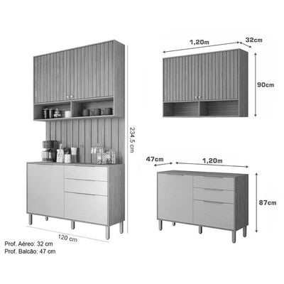 Kit de Cozinha Completa 3 Peças Divina (1Aéreo+1Balcão+1Complemento) CZ008 Freijo/Off White - MGM