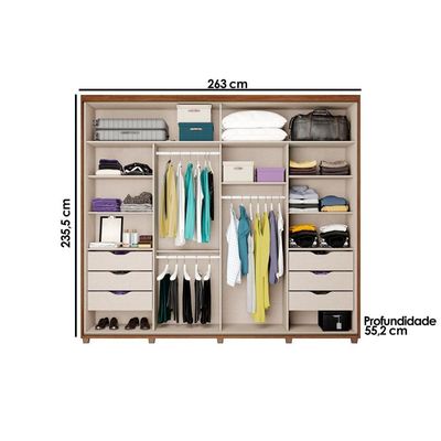 Guarda Roupa 2 Portas de Correr e 6 Gavetas c/ Espelho Titan 1173 c/ Pés Freijo - Carraro