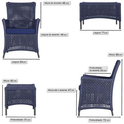 Jogo Sofá 4 Poltronas E Mesa Igapó Preta E10 Trama Original Azul