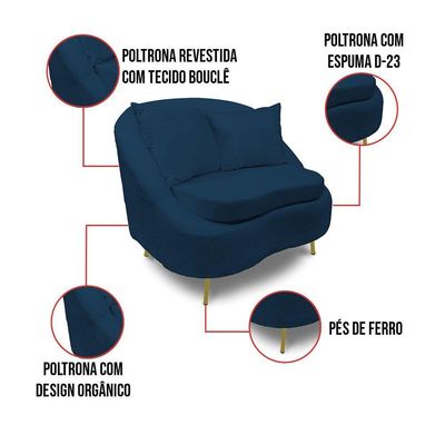 Poltrona Decorativa Orgânica Pé Ferro Dou Kit 2 Zaya Bouclê C05 Azul