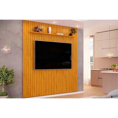 Rack Bancada c/ Painel p/ TV até 65 Pol Pratic Ripado 1 Prateleira 223x240cm Cedro - DJ Móveis