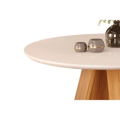 Mesa p/ Cozinha Celeste c/ Tampo Madeirado Vidro Redondo 103x103cm Freijó/Off White - DJ Móveis
