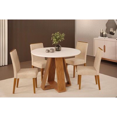 Mesa p/ Cozinha Celeste c/ Tampo Madeirado Vidro Redondo 103x103cm Freijó/Off White - DJ Móveis