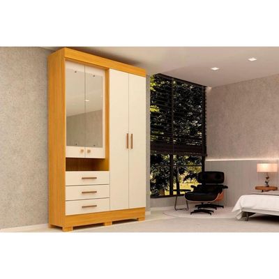 Guarda Roupa 4 Portas (2 c/ Espelho) e 3 Gavetas Débora Nature/Off White - ACP