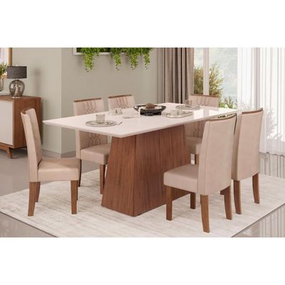 Mesa p/ Cozinha Dulce c/ Tampo Madeirado Vidro Reto 180x90cm Freijó/Off White - DJ Móveis