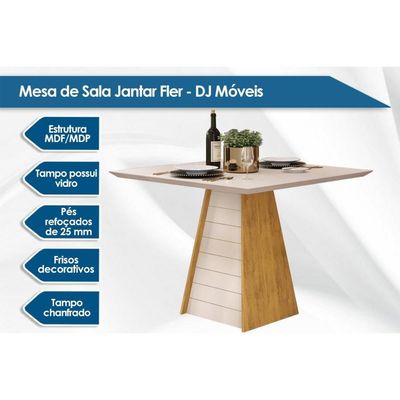 Mesa p/ Cozinha Fler c/ Tampo Madeirado c/ Vidro 90x90cm Cedro/Off White/Off White - DJ Móveis