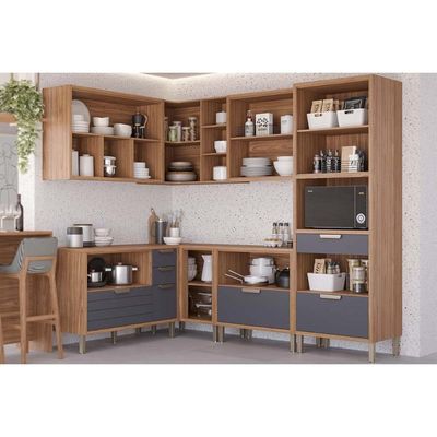 Cozinha Modulada Completa Eloise 7 Peças (3Aéreos+3Balcões+1Paneleiro) CZ029 Freijo/Titanium - MGM