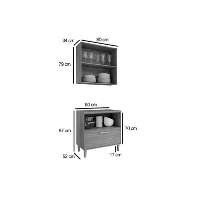 Kit de Cozinha Completa 2 Peças Bella s/ Portas (1Aéreo+1Balcão) 80cm Freijo/Titanium - MGM