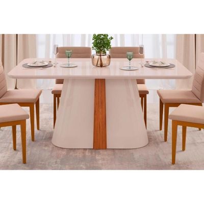 Mesa p/ Cozinha Ryze c/ Tampo Madeirado Vidro Curvo 180x100cm Cedro/Off White - DJ Móveis