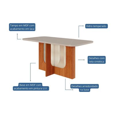 Mesa p/ Cozinha Louise c/ Tampo Madeirado c/ Vidro 160x80cm Cinamomo/Off White - Cimol