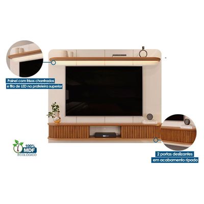 Rack Bancada c/ Painel p/ TV até 75 Pol Capri Led e 2 Portas 215x170cm Bali/Cedro - DJ Móveis