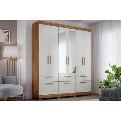 Guarda Roupa 6 Portas (2 c/ Espelho) e 5 Gavetas Porto Cinamomo/Off White - Panan