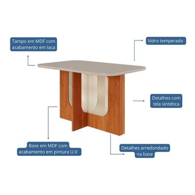 Mesa p/ Cozinha Louise c/ Tampo Madeirado c/ Vidro 130x80cm Cinamomo/Off White - Cimol
